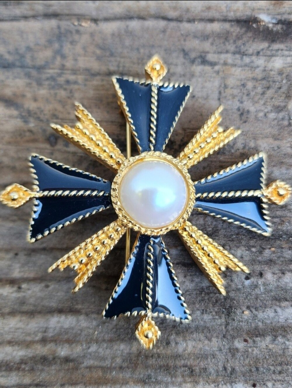 St. John Vintage Maltese Cross Brooch Black Enamel Faux Perl
